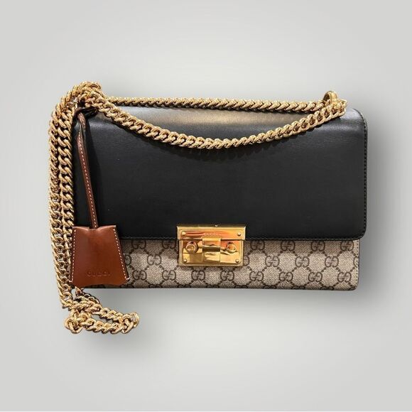 GUCCI 
GG Supreme Monogram Calfskin Padlock Shoulder Bag Beige Black - Picture 7 of 11